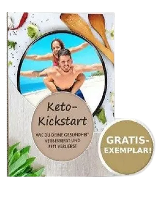 Ein Buchcover mit dem Titel „Keto-Kickstart“ mit zwei lächelnden Menschen an einem Strand, darüber ein Text, der die gesundheitlichen Vorteile und den Gewichtsverlust beschreibt. In der unteren rechten Ecke befindet sich ein rundes Etikett mit der Aufschrift „Gratis-Exemplar!“.
