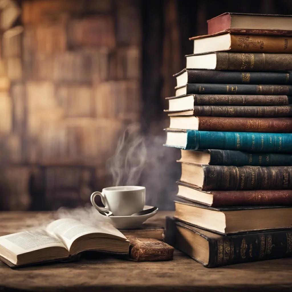 Ein Stapel alter Bücher liegt neben einem aufgeschlagenen Buch auf einem Holztisch. Eine dampfend weiße Teetasse und Untertasse stehen neben dem Stapel, im Hintergrund sind verschwommene Bücherregale zu sehen, was eine Szene zeitloser literarischer Auseinandersetzung heraufbeschwört – und vielleicht sogar die Frage aufwirft: „Wie bekomme ich kostenlose physische Bücher?“