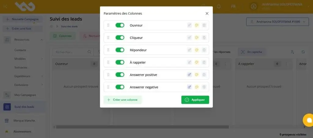 Suivi des leads Magileads-paramètre des colonnes