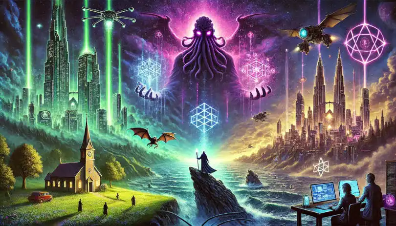 Sci-fi Großstadt mit einer alten Fantasy Kirche im Vordergrund und einem Cthulhu Wesen im Hintergrund.