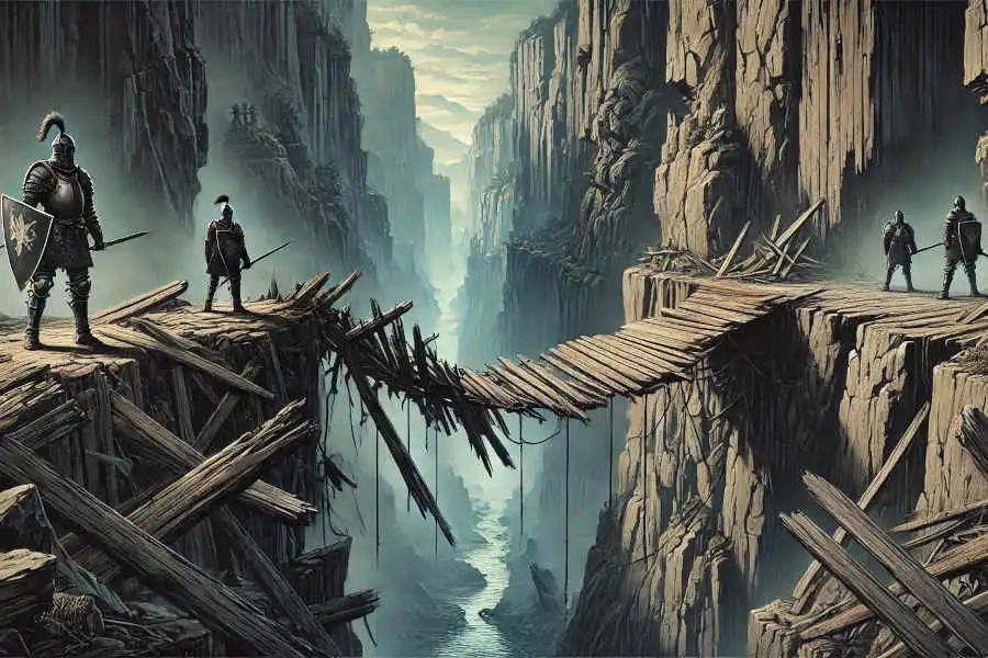 Jeweils zwei Ritter stehen in einem Pen and Paper Abenteuer auf unterschiedlichen Seiten einer Schlucht, zwischen denen eine Brücke zusammengefallen ist.