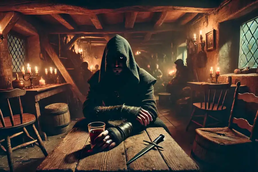 Ein Mann im schwarzen Umhang sitzt im Rollenspiel in der Taverne an einem Holztisch und hält ein Getränk in der Hand.
