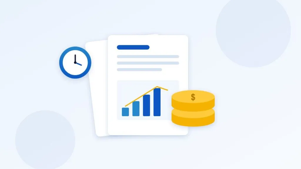 Cost of not having ISO 9001 software: illustration of documents, coins and a trend chart with a clock
