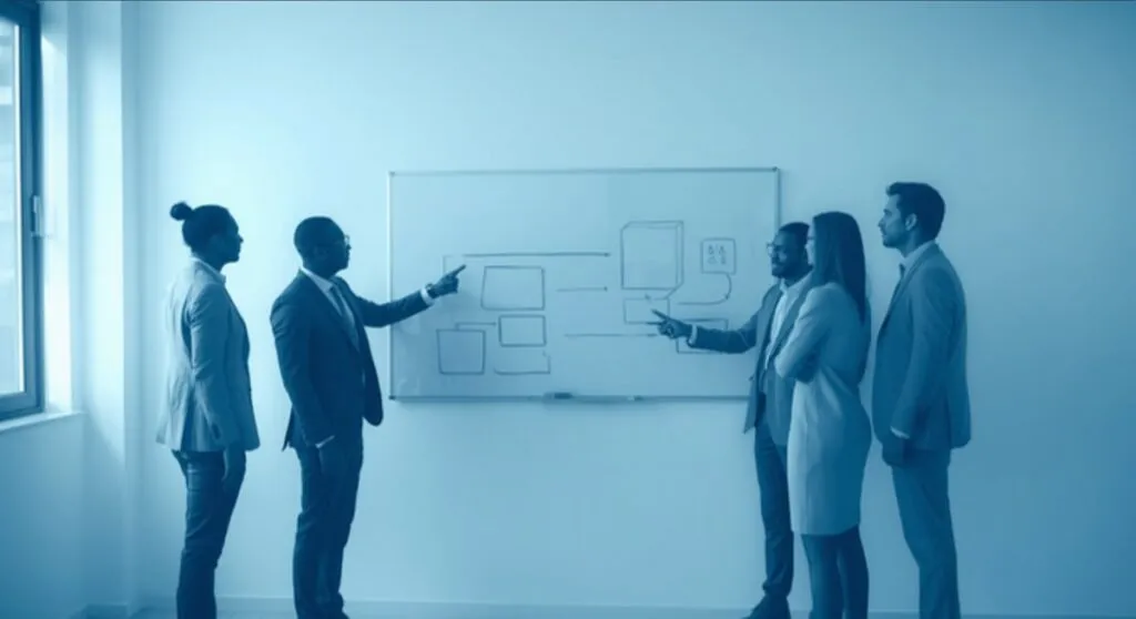 ISO 9001 process map: team reviewing the diagram on a whiteboard