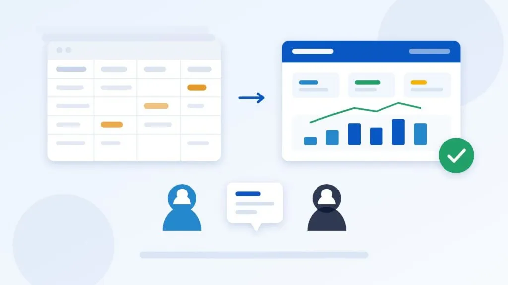 Excel para ISO 9001: hoja de cálculo desordenada frente a un panel de calidad ordenado mientras dos personas conversan con datos