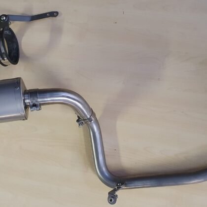 Benelli TNT 125 135 Tornado & Naked exhaust systems by Quill Performance Exhausts UK (6) Benelli TNT125 TNT135 Tornado +TNT Naked De-Cat Down-Pipe Exhaust header and Rear Silencer, UK Made benelli tnt125 exhaust angle view