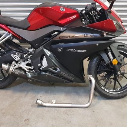 Yamaha YZF R125 Motorbike Exhausts by Quill Performance Exhausts UK (9) Yamaha YZF-R125 full stainless system and Mini oval exhaust full stainless system close-up