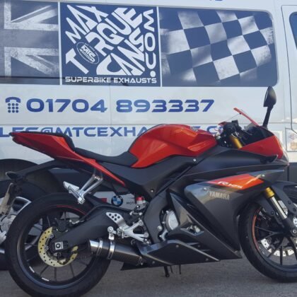 Yamaha YZF-R125 full stainless system and Mini oval exhaust full stainless system side view