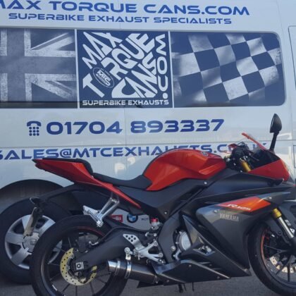 Yamaha YZF R125 Motorbike Exhausts by Quill Performance Exhausts uk Yamaha YZF-R125 full stainless system and Mini oval exhaust full stainless system angle view