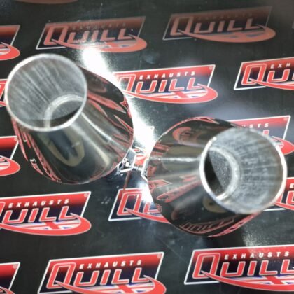 2 x Universal Reverse Cone Motorbike Exhausts 47.5mm Inlet with Spring Hooks 2 x universal reverse cone motorbike exhausts 47.5mm inlet with spring hooks side view