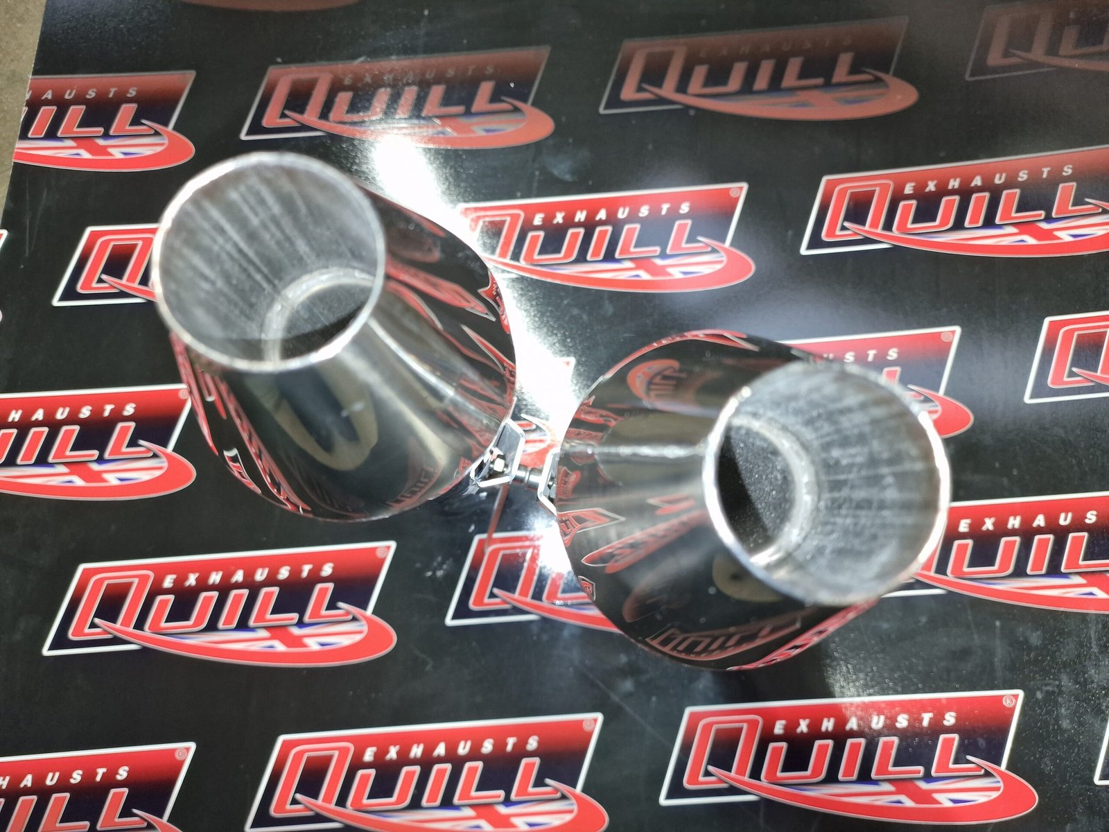 20221212_101039 2 x Universal Reverse Cone Motorbike Exhausts 47.5mm Inlet with Spring Hooks 2 x universal reverse cone motorbike exhausts 47.5mm inlet with spring hooks side view