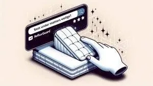 A search bar on a light background with the text Best Mattress Wedge being typed. Just below, a drop down suggestion box from a search engine