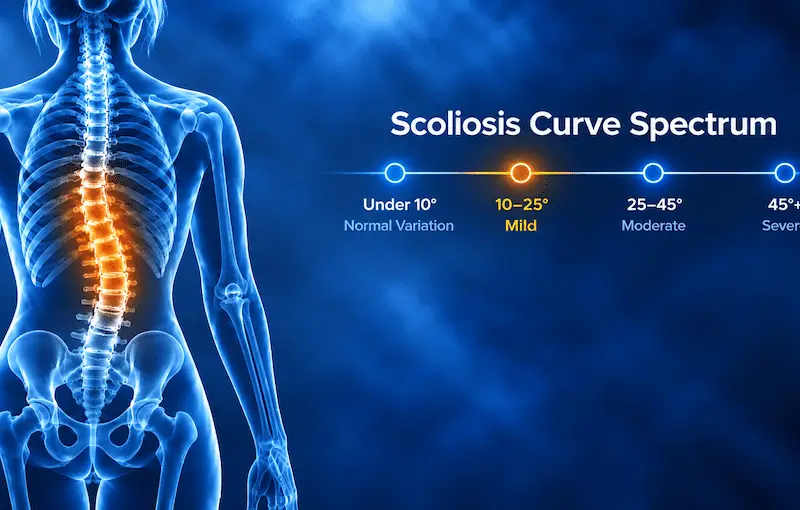 Medical illustration of a spine with scoliosis alongside a scale showing the mild scoliosis range of 10 to 25 degrees, from Dr. Steven Cyr's spine practice at SASpine.