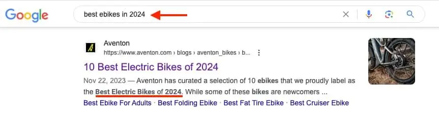 SEO for Niche Markets: Tailoring Your Strategy to Reach Your Target Audience 1 Screenshot of SERP for best ebikes in 2024