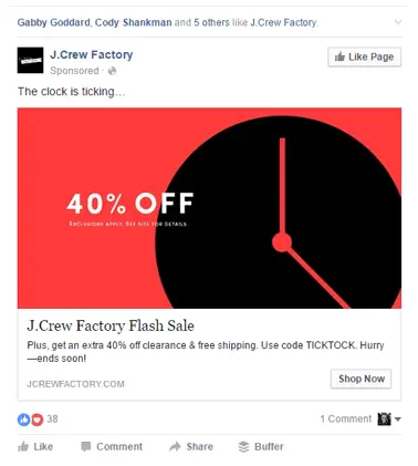 8 Social Media Lead Generation Ideas to Try in Your Next 2023 Campaign 2 A J.Crew Factory Facebook ad displays a 40% off sale.
