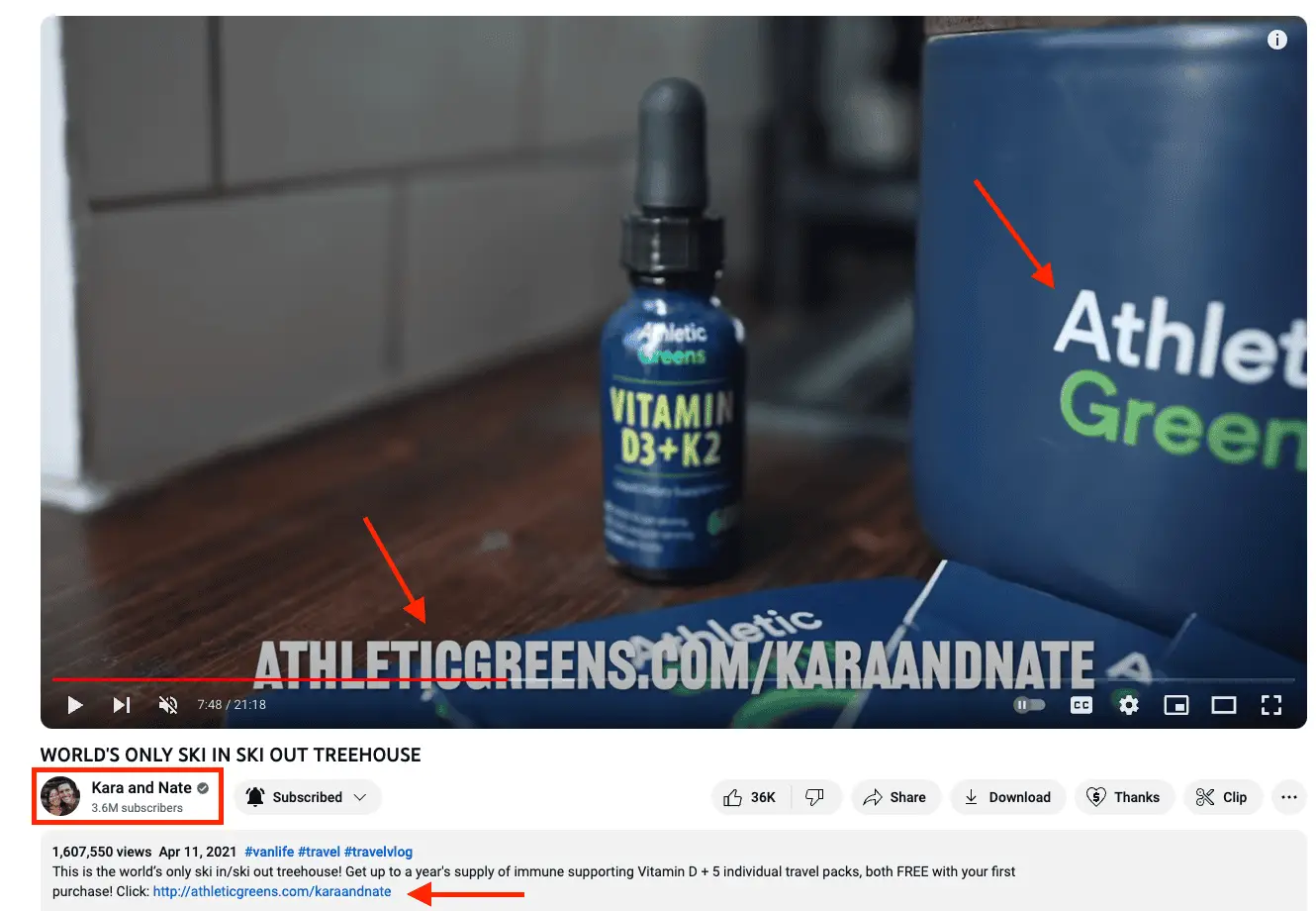 How to Align Influencers and Affiliates to Your Marketing Strategy 3 Screenshot of Kara and Nate YouTube video with an Athletic Greens sponsored ad.