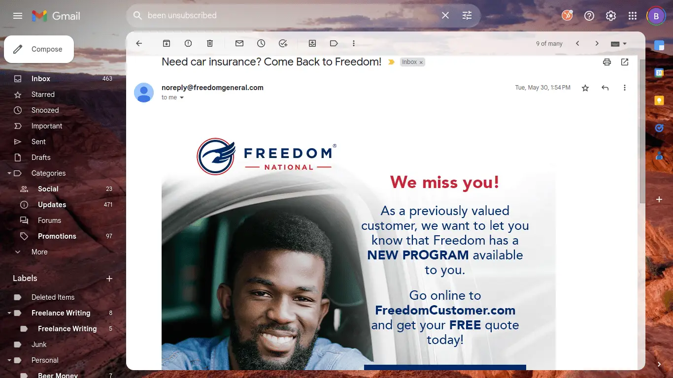 How to Improve Email Deliverability 6 Screenshot of win-back email received from auto insurance provider, Freedom National