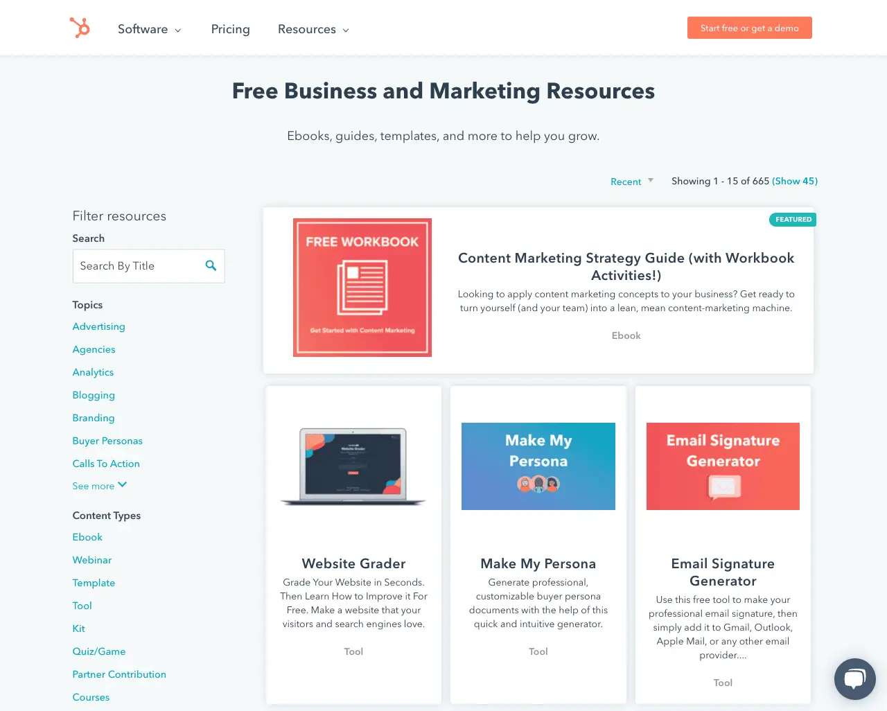 How to Choose the Right SEO Strategies for Bloggers: 9 Tips and Tricks 8 A screenshot of HubSpot’s resource library.