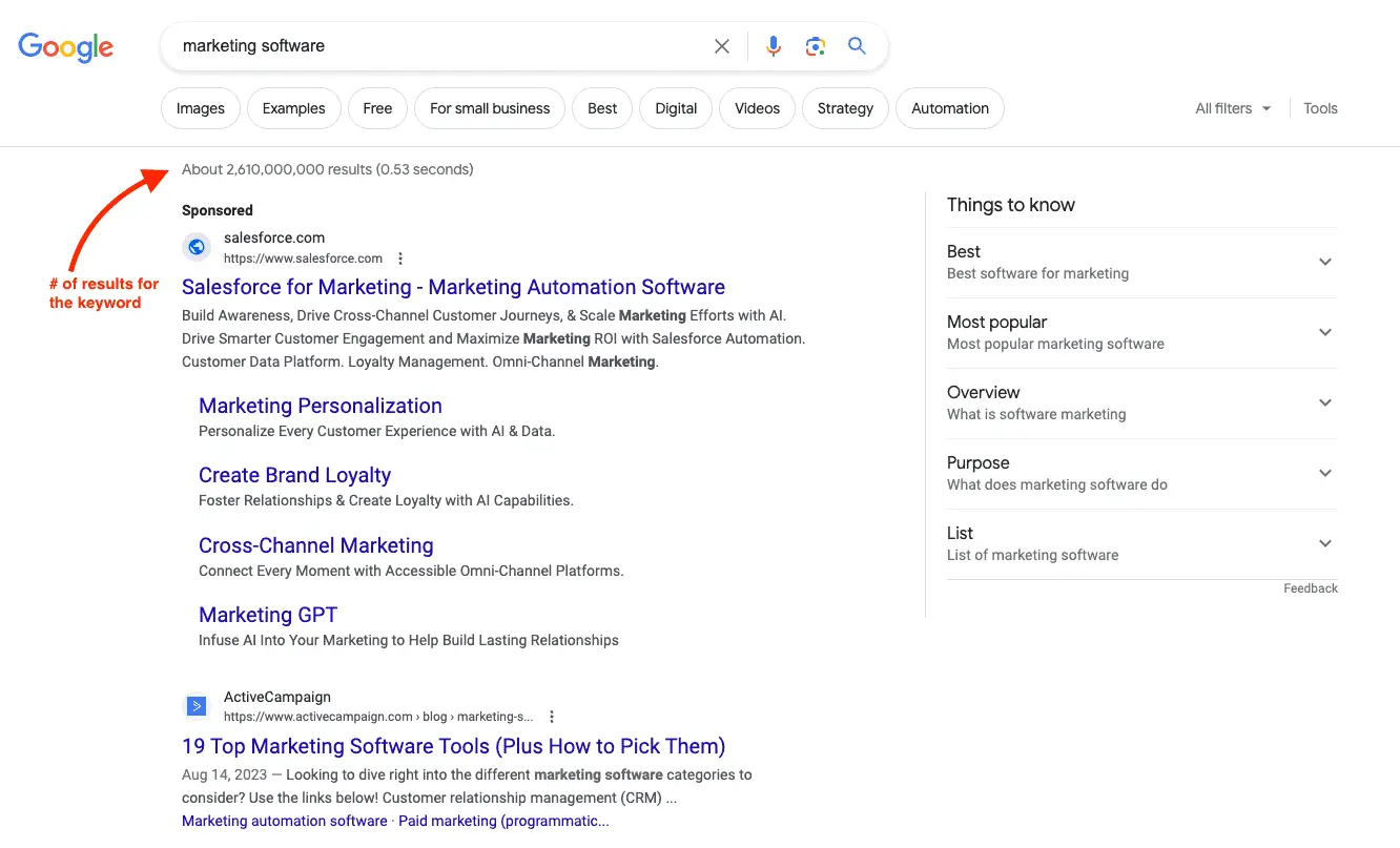 How to Choose the Right SEO Strategies for Bloggers: 9 Tips and Tricks 1 Screenshot of marketing software keyword.