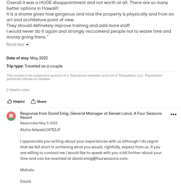 Dealing With Bad Online Store Reviews? 5 Ways to Turn Them Into Advantages 4 Four Seasons customer service response on TripAdvisor.