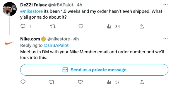 Dealing With Bad Online Store Reviews? 5 Ways to Turn Them Into Advantages 3 Nike customer service response on Twitter.