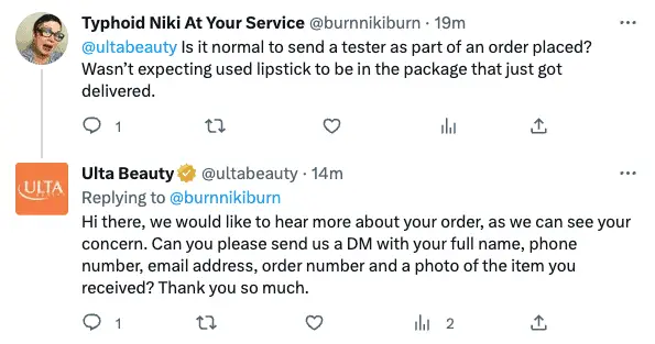 Dealing With Bad Online Store Reviews? 5 Ways to Turn Them Into Advantages 2 Ulta Beauty customer service response on Twitter.