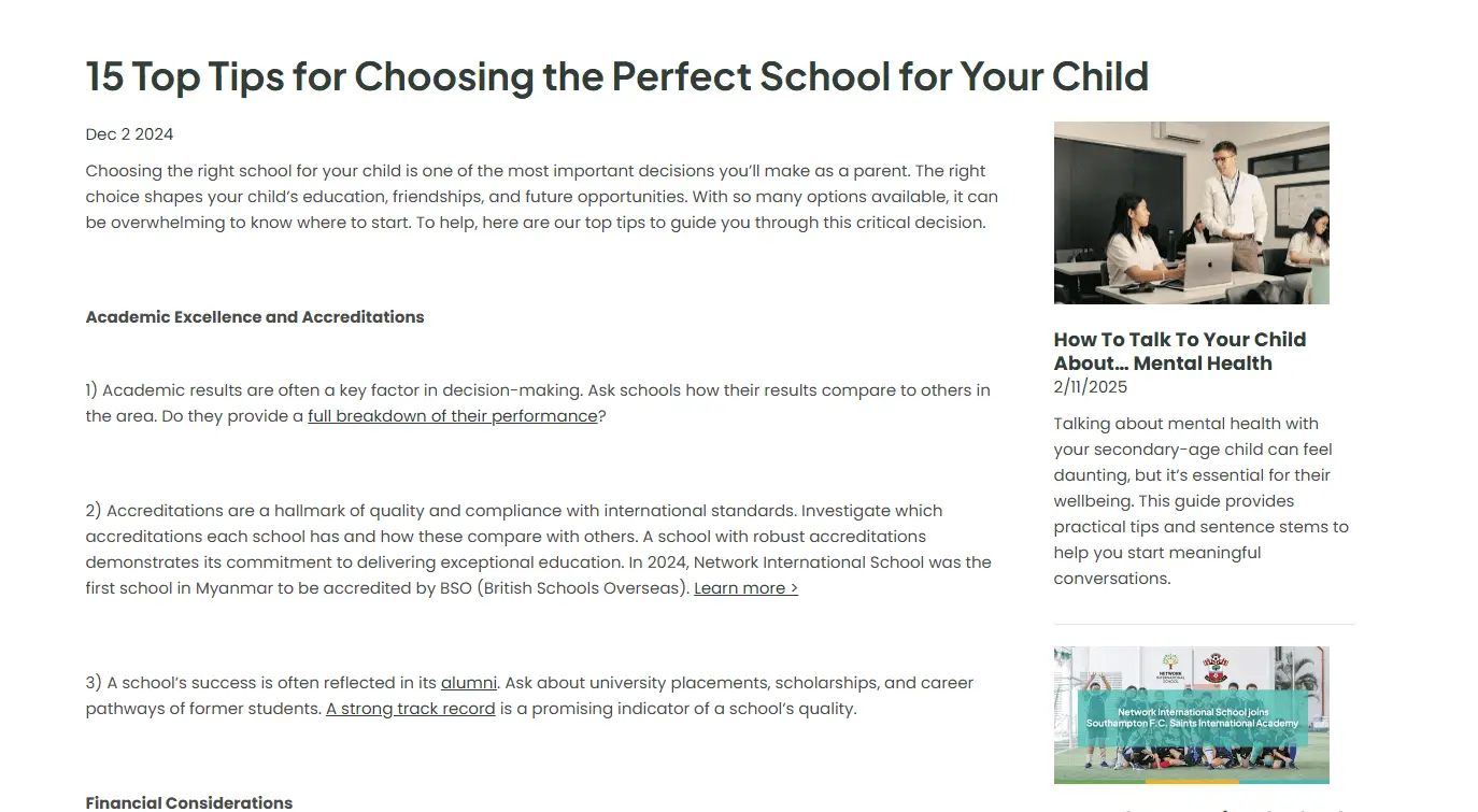 The Role of Digital Marketing in K-12 Education 2 Screenshot of a blog post on choosing the perfect school for children