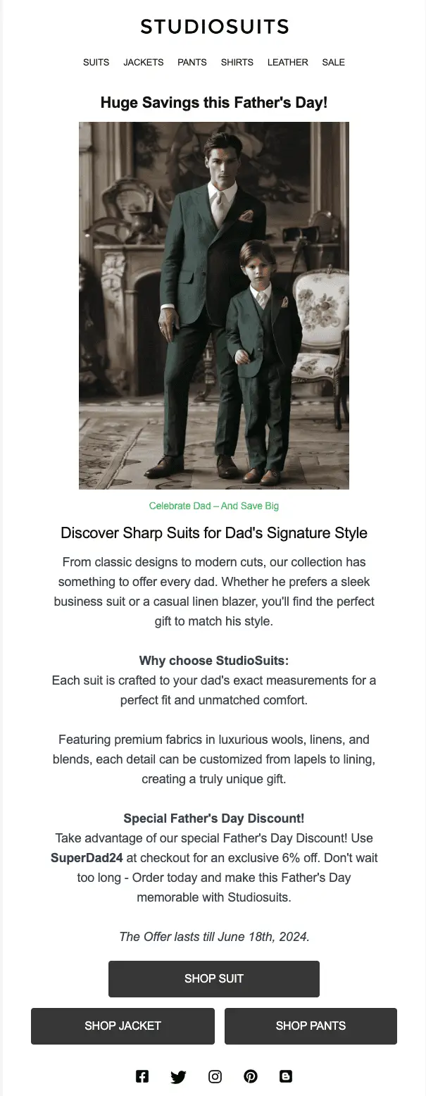 Best Summertime Email Marketing Campaigns for E-commerce 3 Screenshot of StudioSuits Father's Day offer
