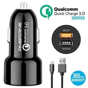 Original AMBRANE ACC 11QC INSTANT 5.4A DUAL PORT CAR CHARGER (QUALCOMM CERTIFIED) WITH QUICK CHARGE 3.0 + FREE MICRO USB CABLE  (BLACK)