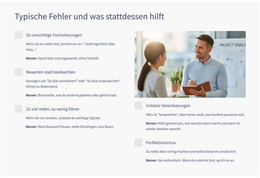 Infografik: Typische Fehler im Beurteilungsgespräch und was stattdessen hilft.