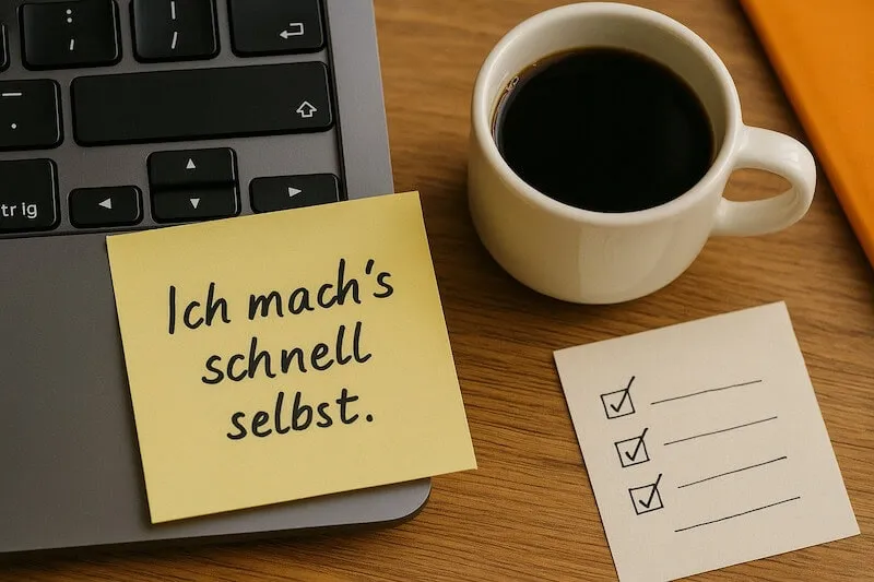 delegieren - eine Tasse Kaffe und ein Notebook mit einem Zettel "Ich mach`s schnell selbst".