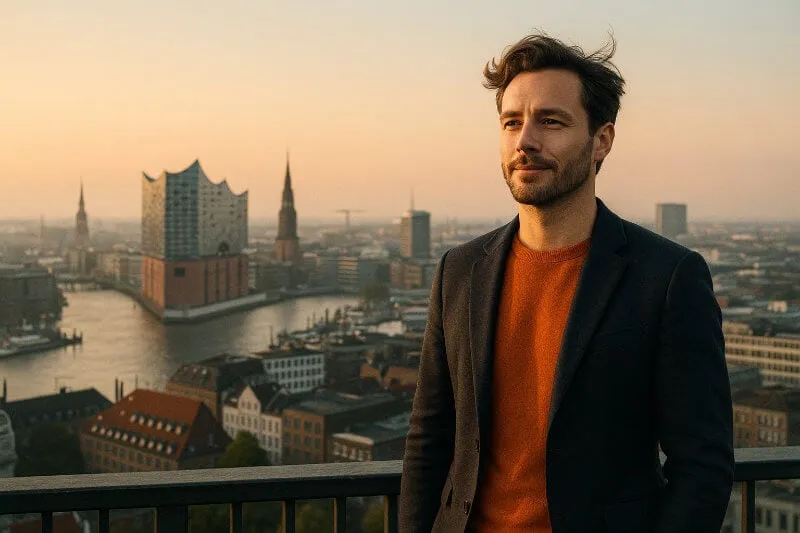 Eine ruhige, selbstbewusste FĂĽhrungskraft steht im frĂĽhen Morgenlicht mit Aussicht auf Hamburg und blickt in die Stadt.