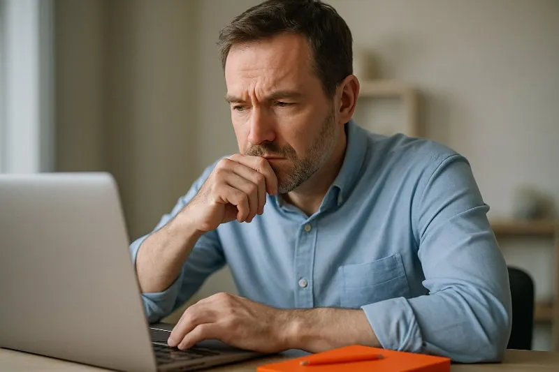nachdenkliche-fuehrungskraft Zweifelnde FĂĽhrungskraft am Laptop