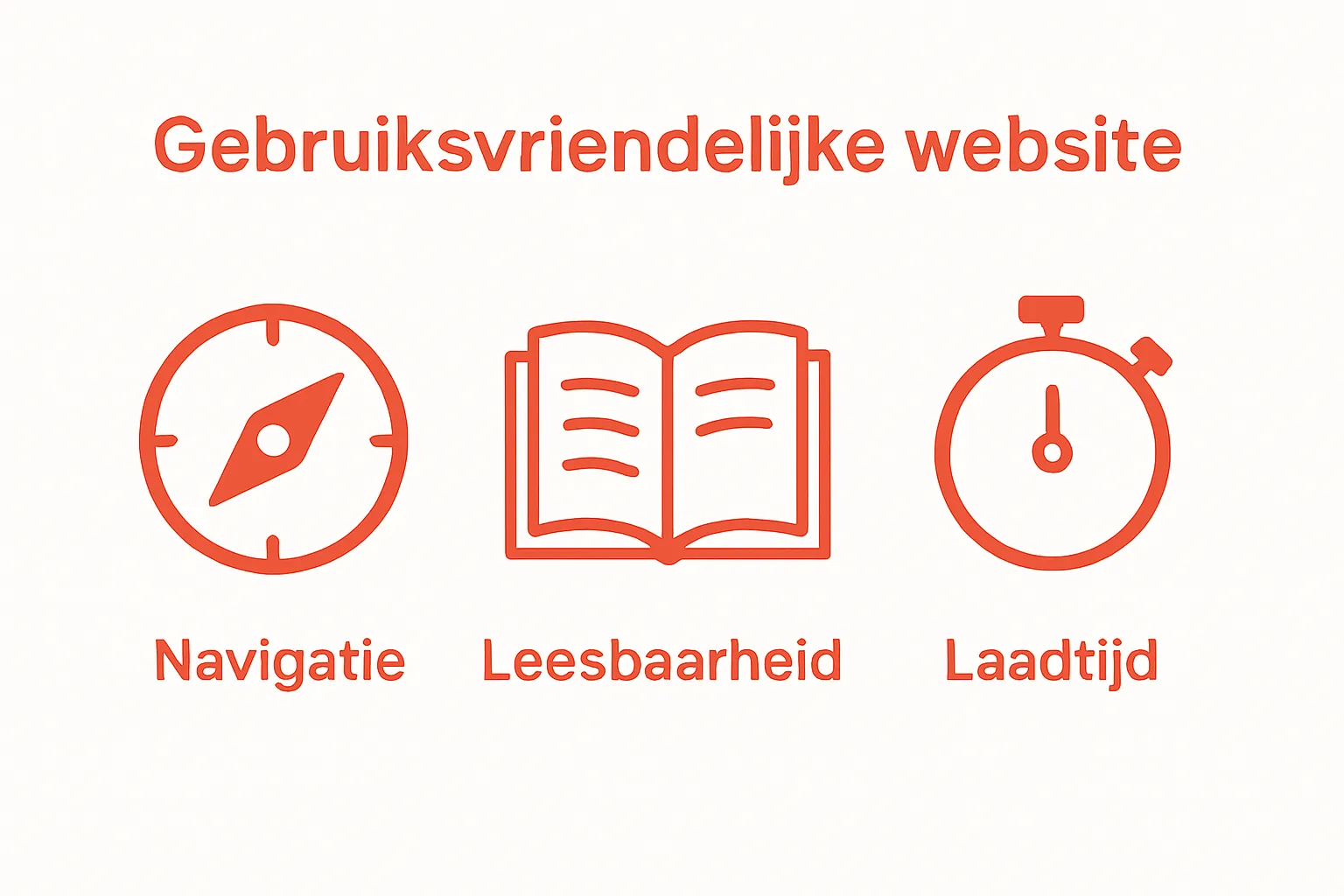 Drie iconen die samen de kern van gebruiksvriendelijke websites weergeven: kompas, open boek, stopwatch.