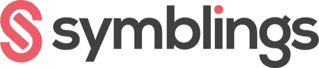 Logo met een gestileerde roze S in een cirkel, gevolgd door het woord symblings in vette, zwarte kleine letters; de punt boven de i is roze.
