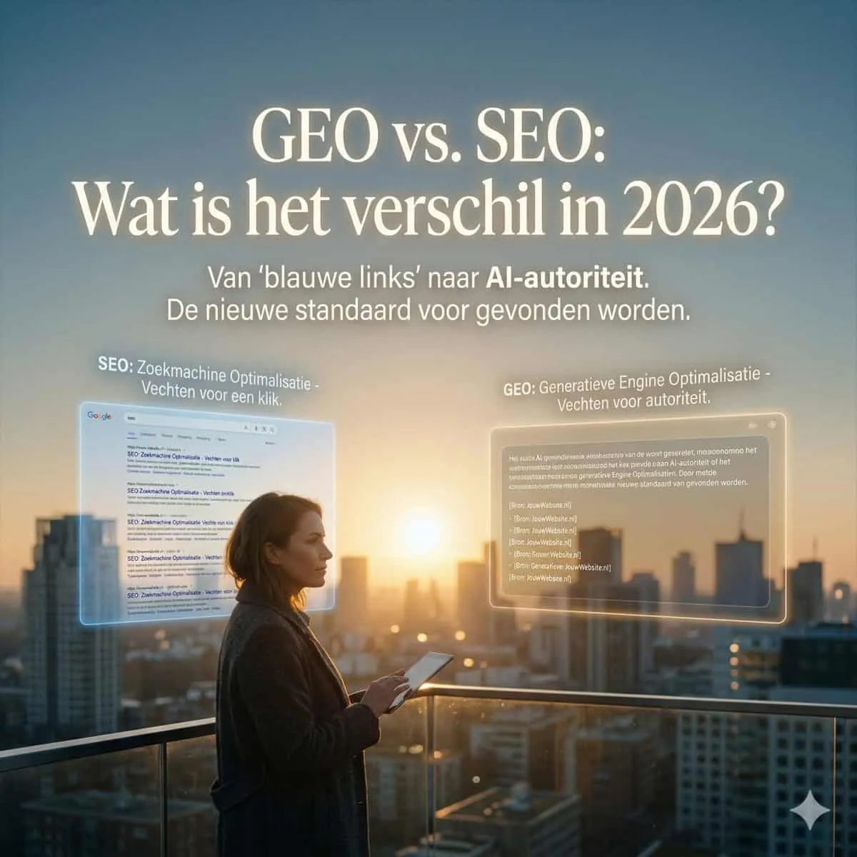 Een vrouw staat op een dak bij zonsondergang en houdt een tablet vast. Zwevende tekst in het Nederlands bespreekt de verschillen tussen SEO en GEO in 2026 en benadrukt een verschuiving van traditioneel zoeken naar AI-gebaseerde autoriteit.