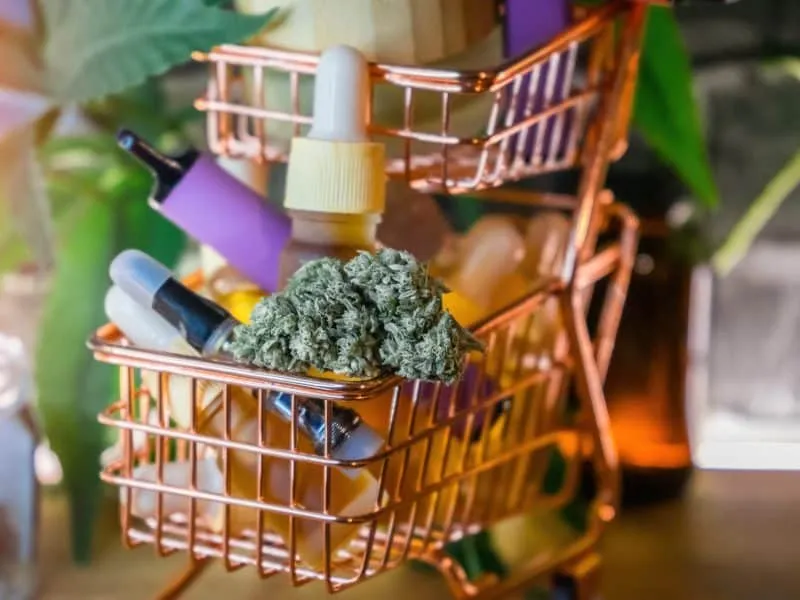 Mini shopping cart with various Medical Cannabis products on table, Shopping purchase concept of Marijuana supplements