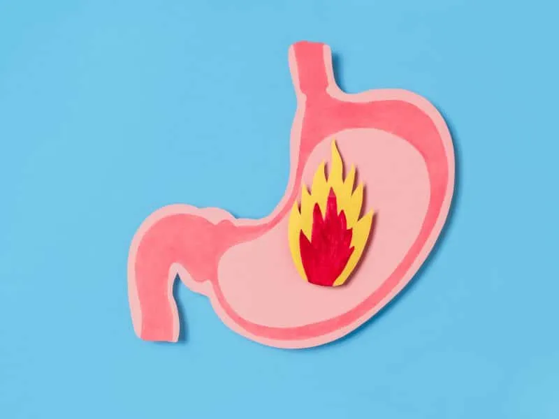 A pink stomach cutout with a flame symbolizing acid reflux or indigestion or hurtburn