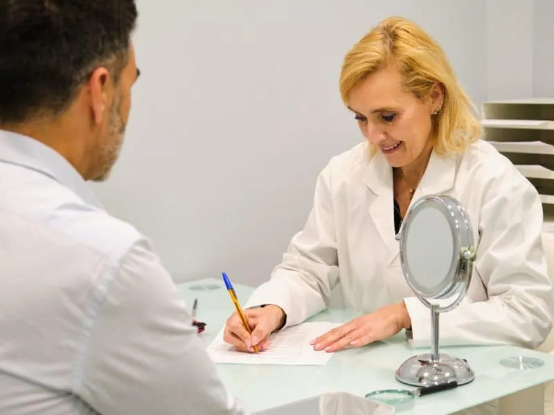 Aesthetic doctor woman writing patient personal data on a consent form in a aesthetic clinic.