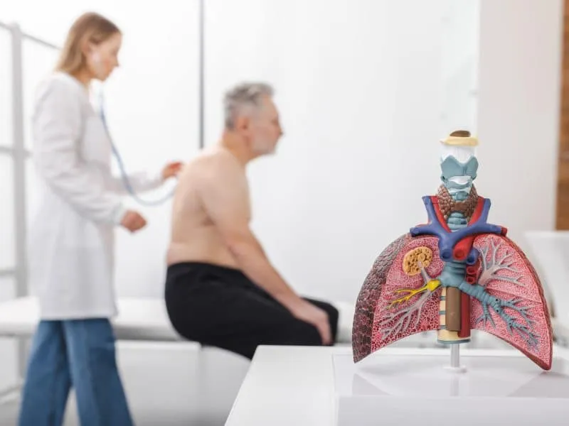 Senior patient sits on examination table while a doctor examines his lungs using a stethoscope in a medical clinic setting