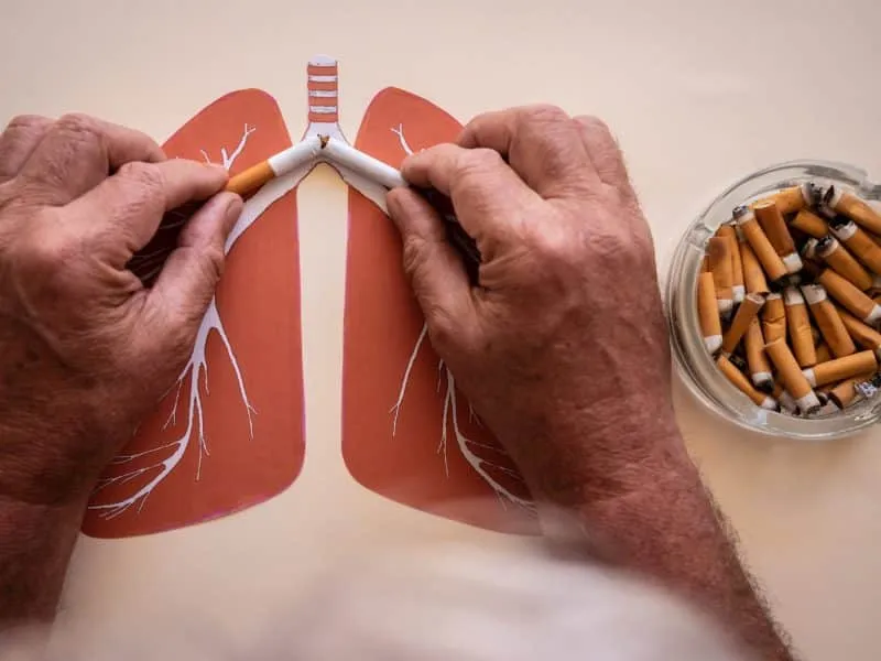 Senior caucasian man holding broken cigarette in hands. Ashtray full of cigarette butts. Stop smoking. Cigarette, nicotine damages, lungs ruined by smoke. World no tobacco day