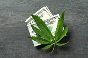 Dollar bills and cannabis leaf on gray wooden background