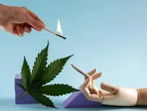 A hand holding a match ignites a joint held by a wooden mannequin, accompanied by a large cannabis leaf