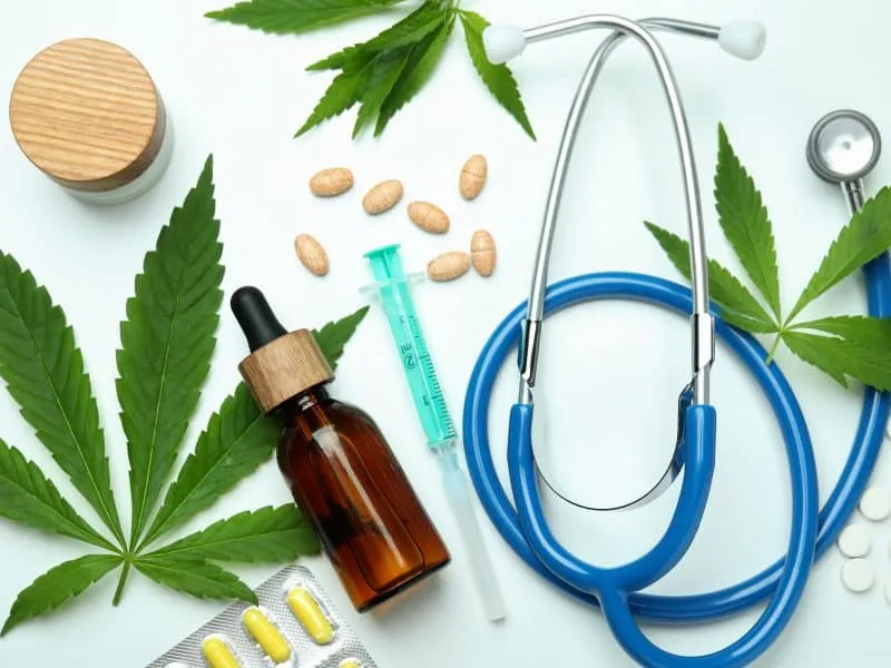 Medicinal cannabis concept on white background, close up
