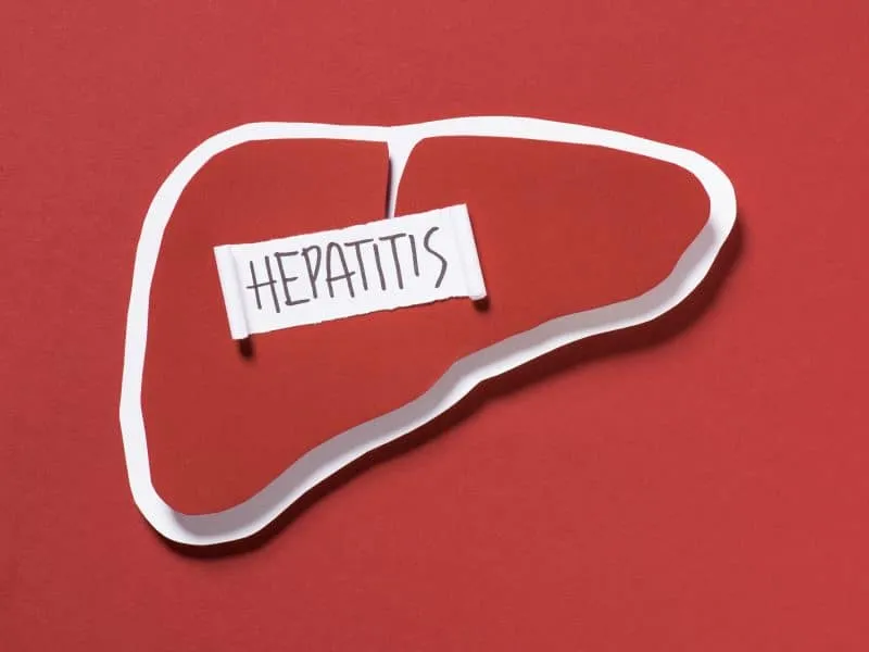 top view of liver and lettering hepatitis on red background, world hepatitis day concept