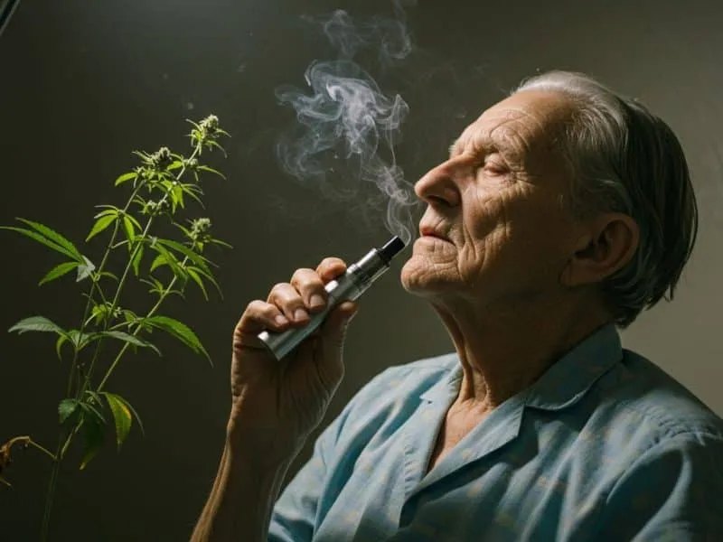 Elderly person with ALS experiencing relief through cannabis vaporization,