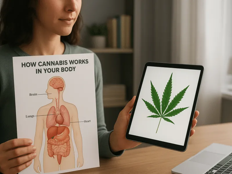 woman holding a chart of how cannabis works in your body
