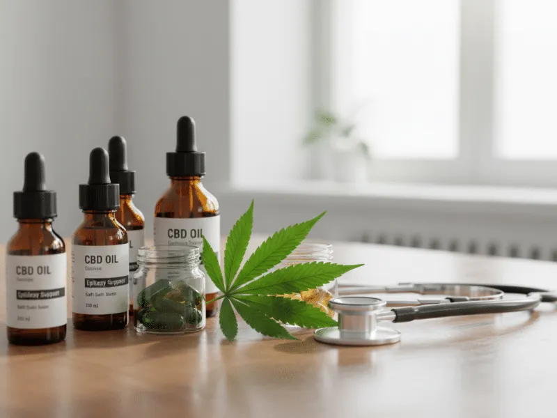 CBD Oil, cannabis leaf and stethoscope