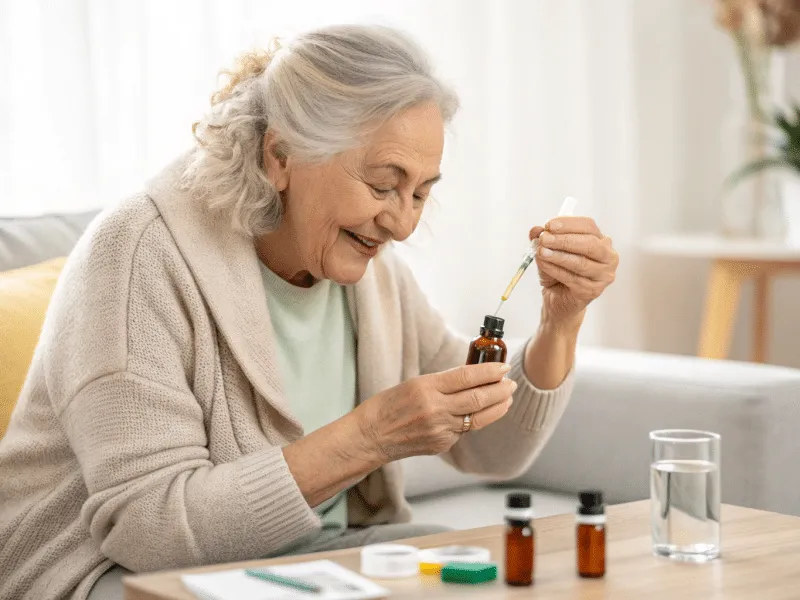 elderly-woman-using-tinctures-and-liquid-cannabis-