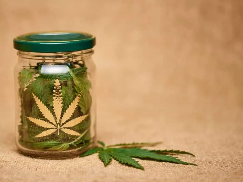 Glass jar with cannabis on a jute background with copy space.
